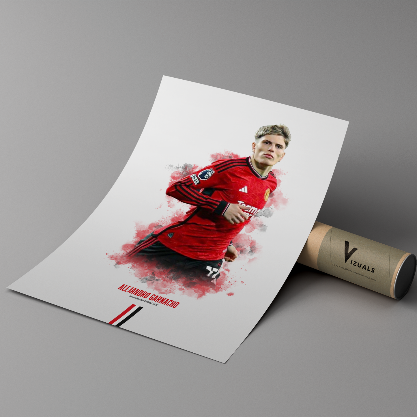 poster mockup of soccer player alejandro garnacho leaning on a cardboard tube