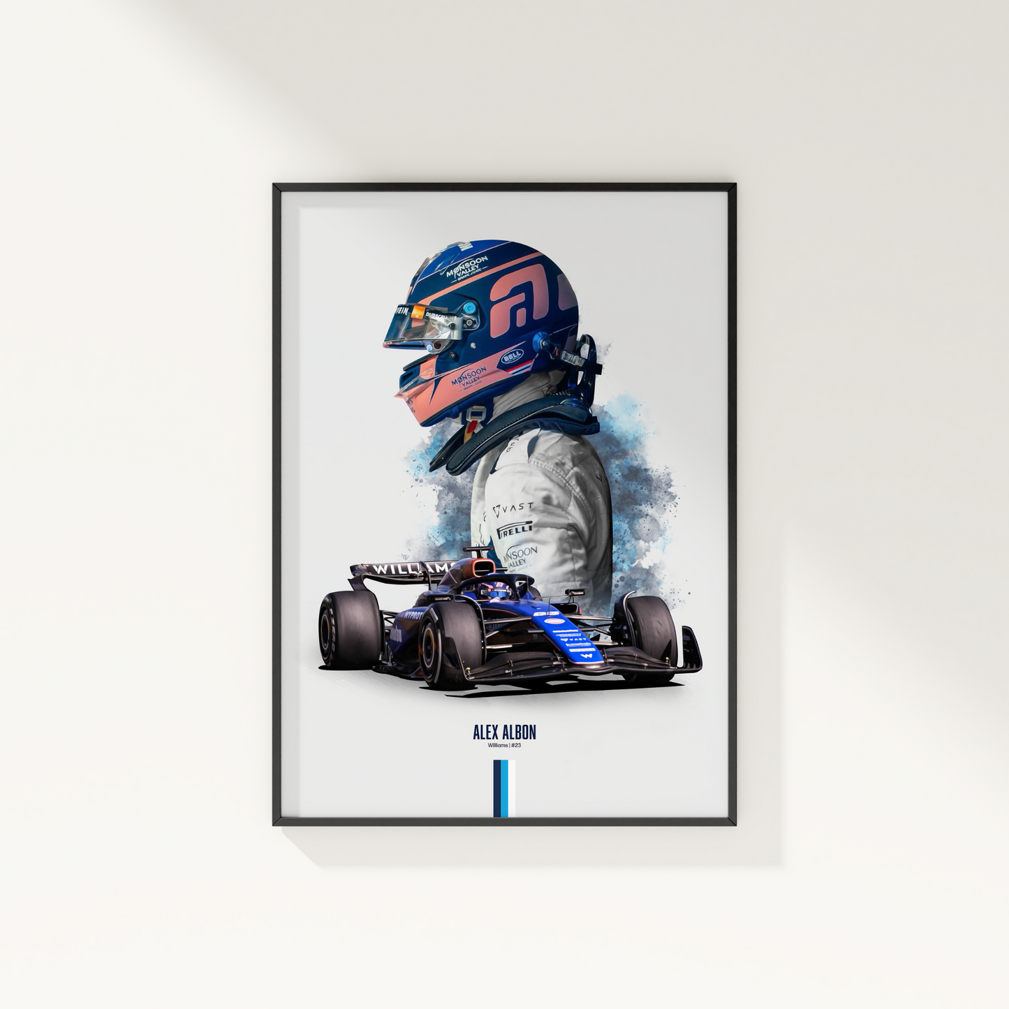 framed poster mockup of formula 1 driver alex albon hanging on a white wall