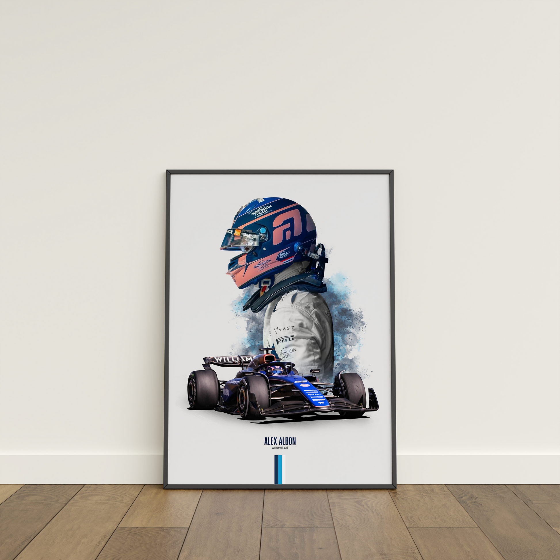 framed poster mockup of formula 1 driver alex albon leaning on a white wall