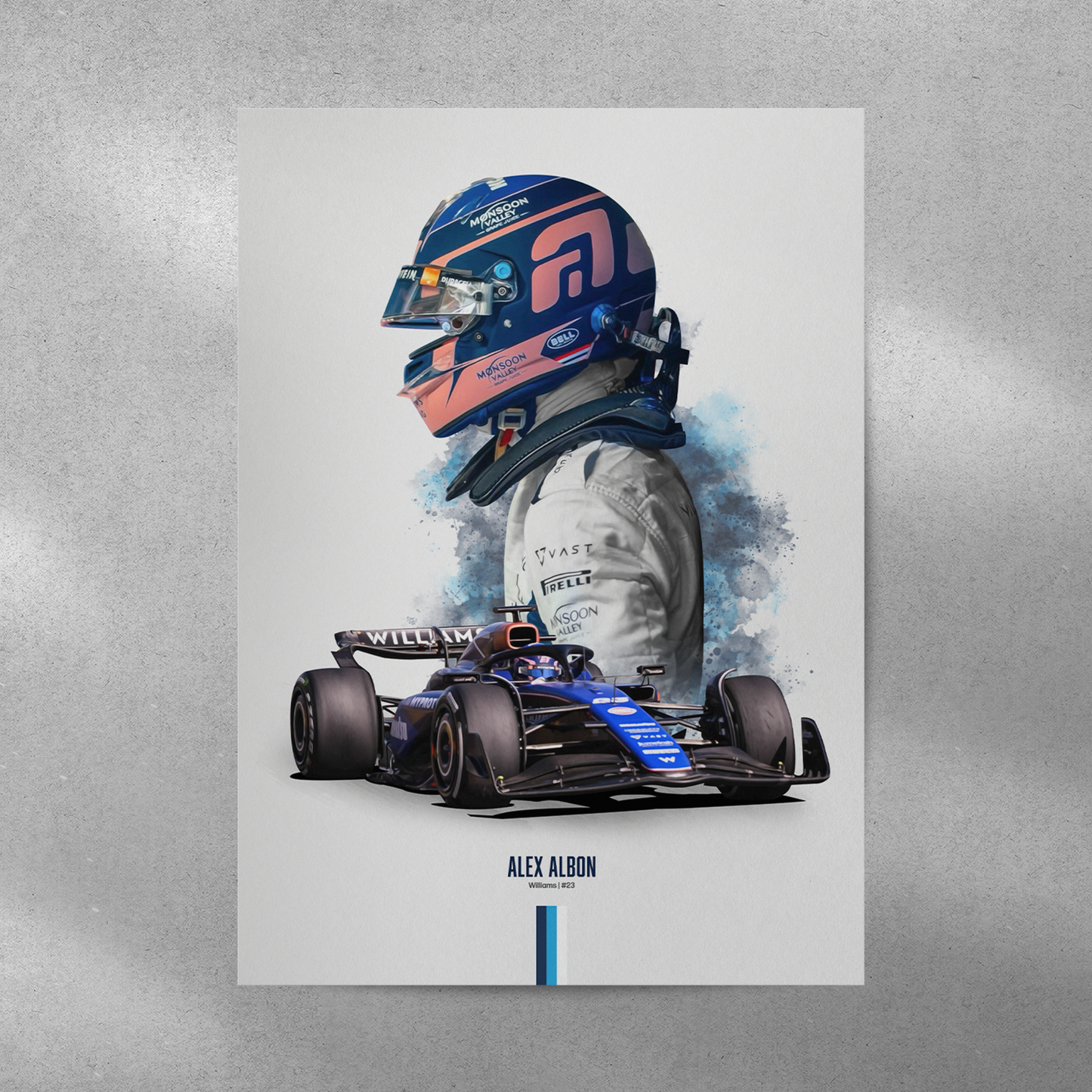 poster mockup of formula 1 driver alex albon on a grey wall