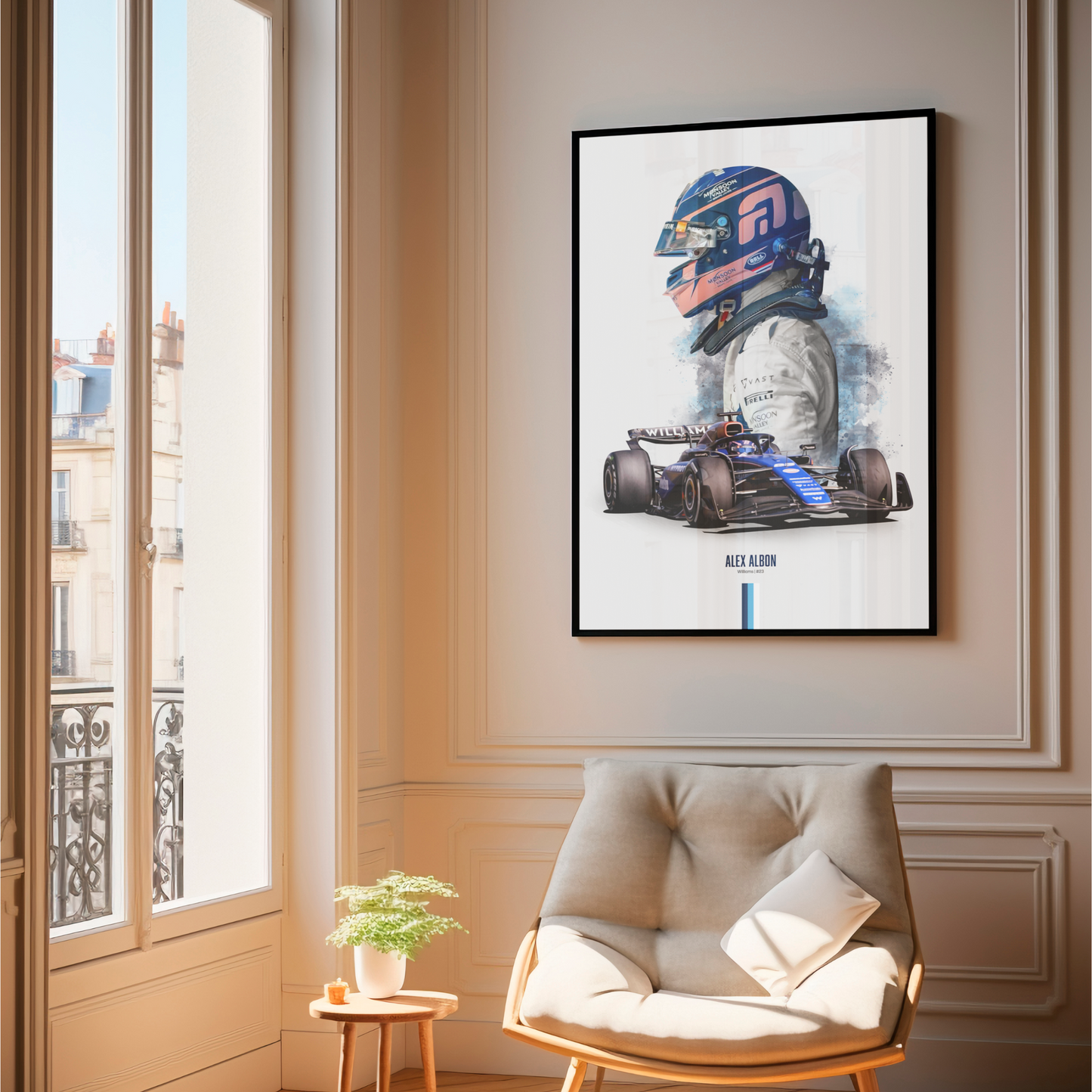 framed poster mockup of formula 1 driver alex albon hanging in a living room