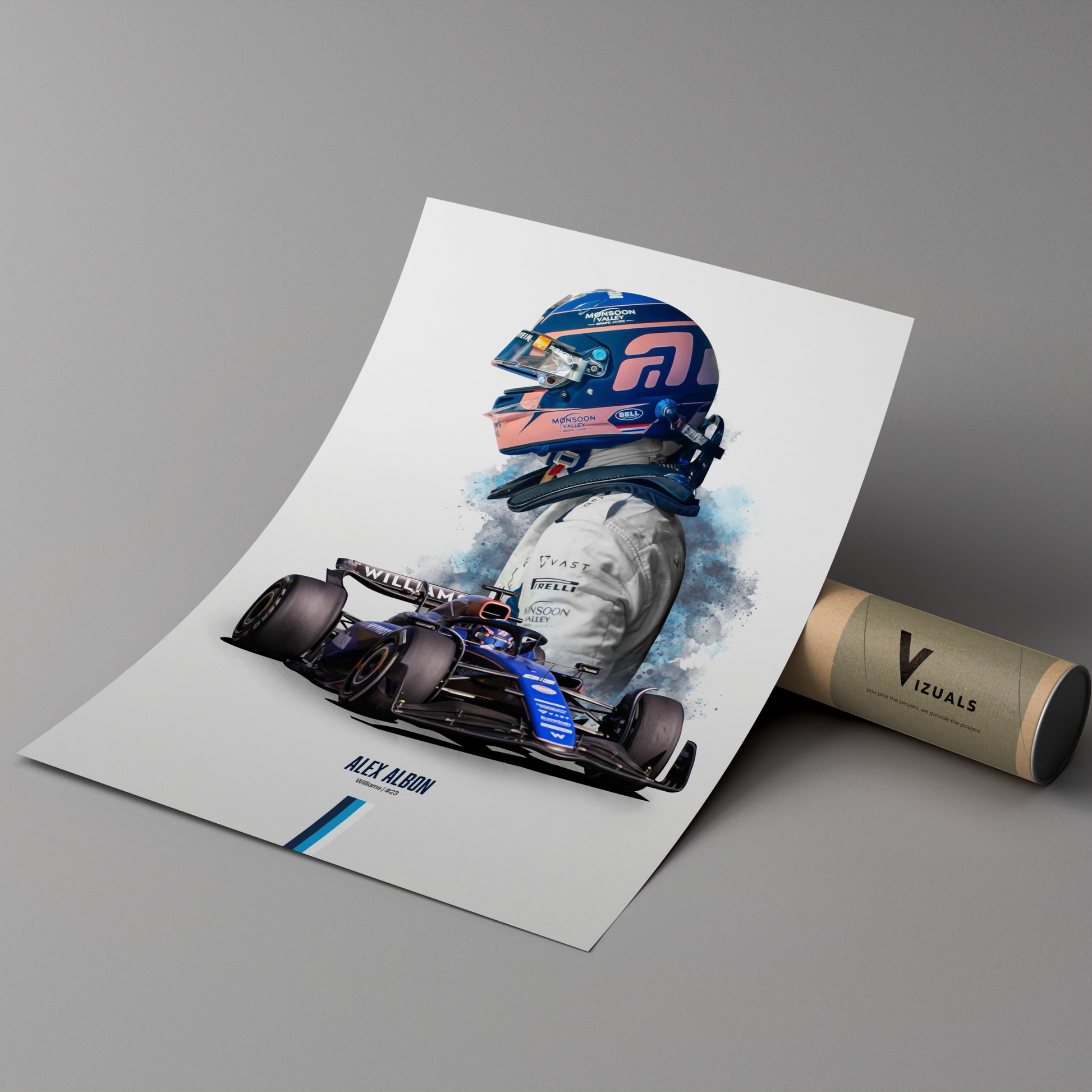 poster mockup of formula 1 driver alex albon leaning on a protective cardboard tube