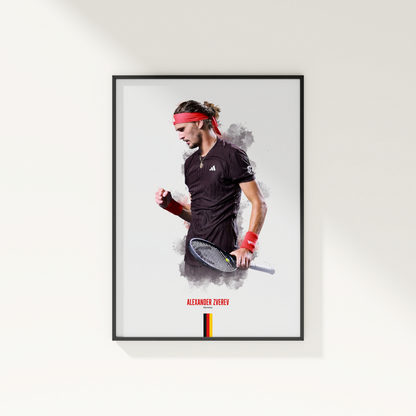 Framed poster of tennis player Alexander Zverev holding a racket on a white wall.