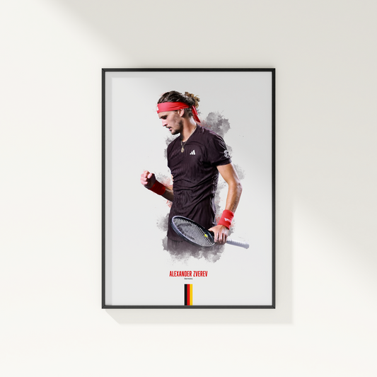 Framed poster of tennis player Alexander Zverev holding a racket on a white wall.