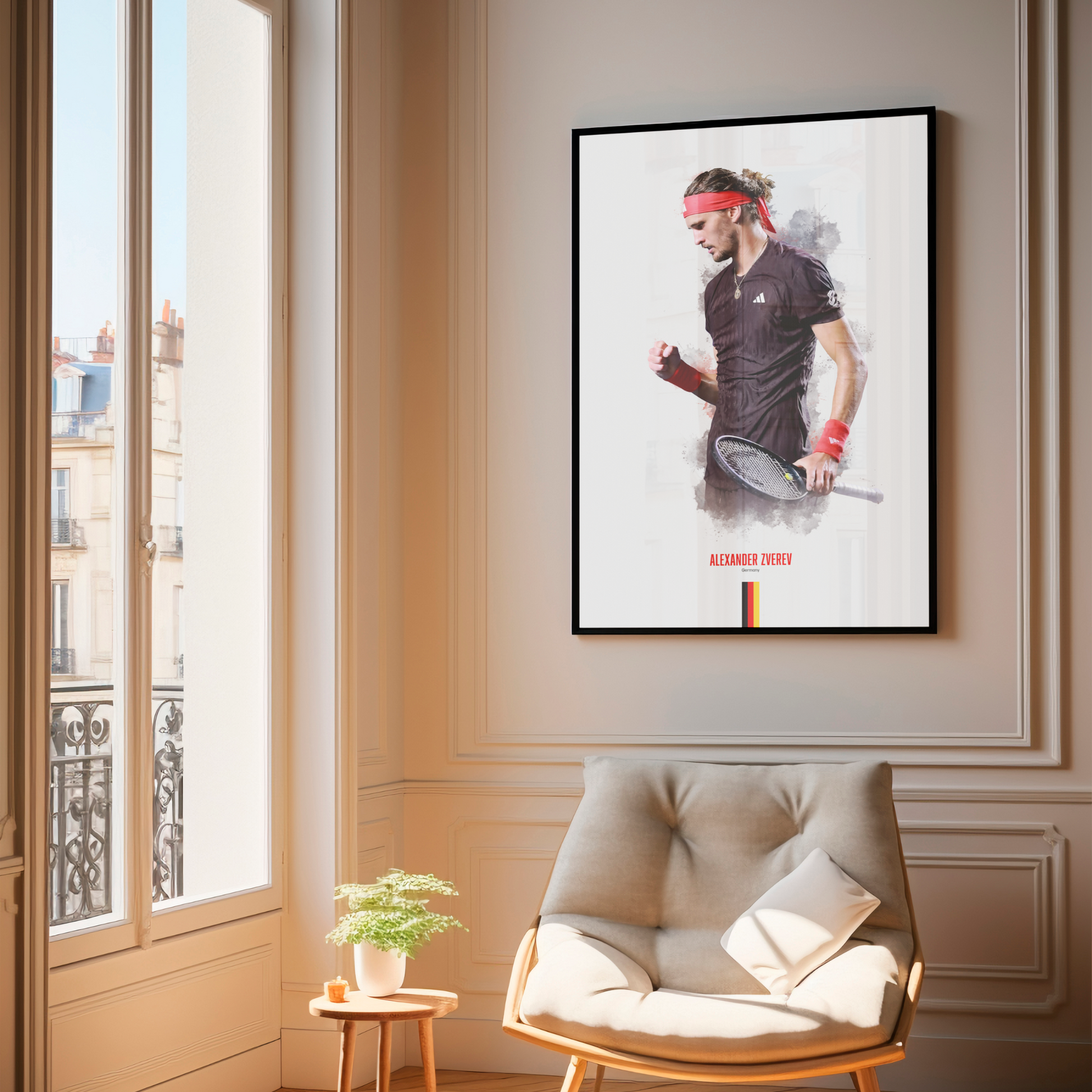 Framed poster of tennis player Alexander Zverev holding a racket on a wall above a chair.
