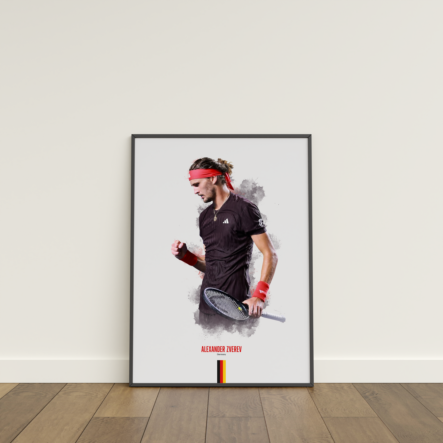 Framed poster of tennis player Alexander Zverev holding a racket on a white wall.