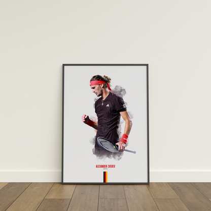 Framed poster of tennis player Alexander Zverev holding a racket on a white wall.