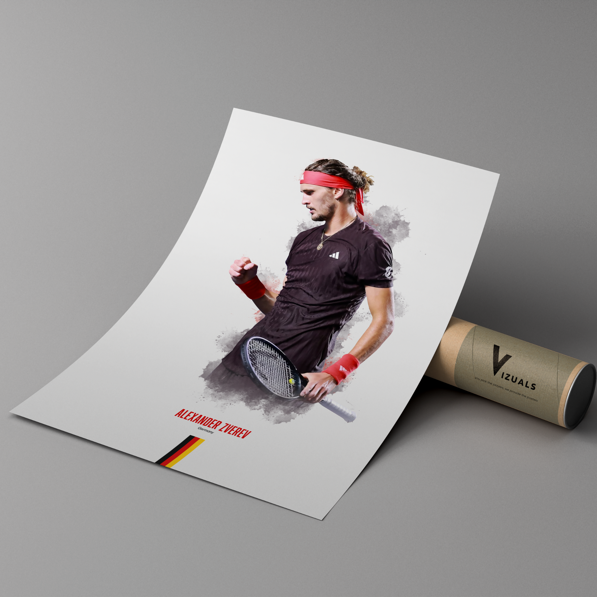 Poster of tennis player Alexander Zverev holding a racket on a cardboard tube with 'Vizuals' branding.