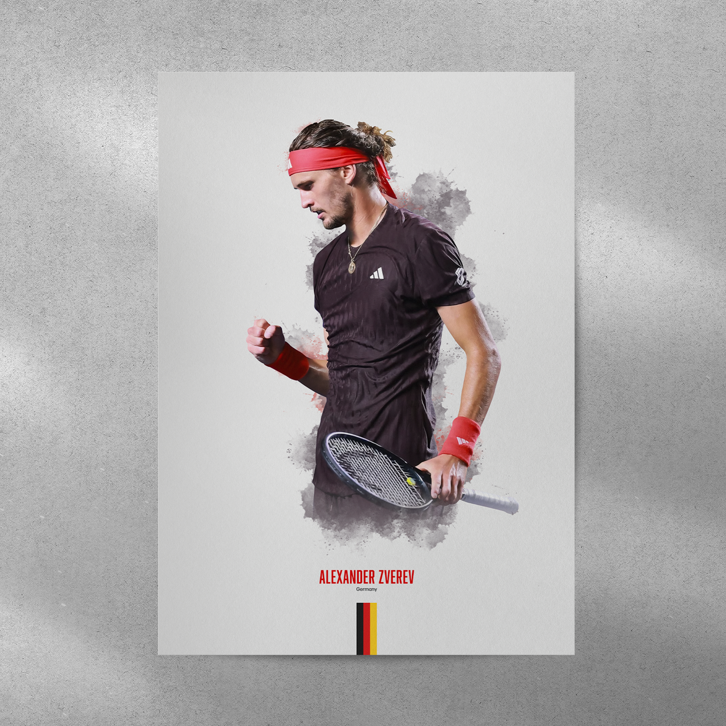 Poster of tennis player Alexander Zverev holding a racket on a grey background.