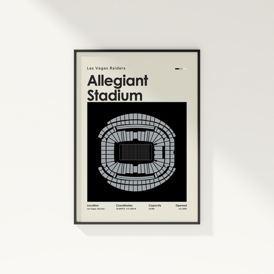 Framed poster of Allegiant Stadium with Las Vegas Raiders text on a white wall.