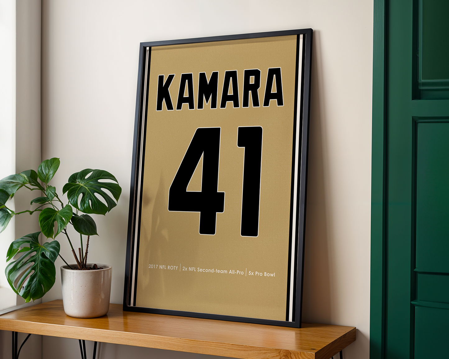 Framed poster with 'KAMARA 41' on a wooden shelf next to a plant.