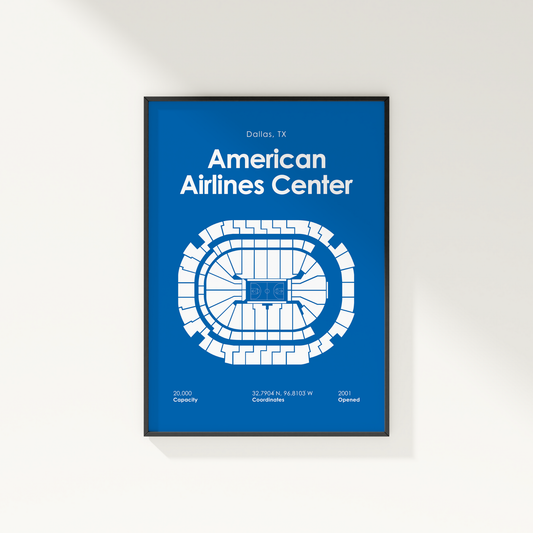 Framed poster of American Airlines Center with blue background and white text