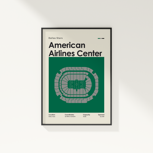 Framed poster of American Airlines Center layout with Dallas Stars branding on a white wall.