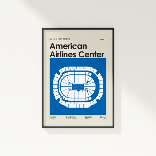 Framed poster of American Airlines Center with blue and white design on a beige background