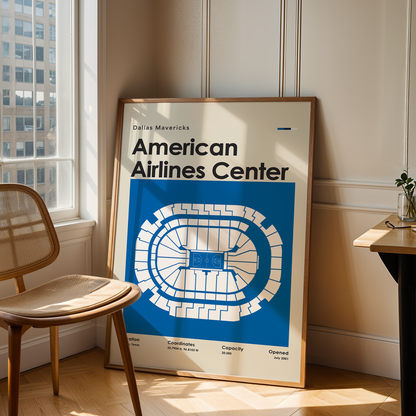 Framed poster of American Airlines Center in a room with a chair and table.
