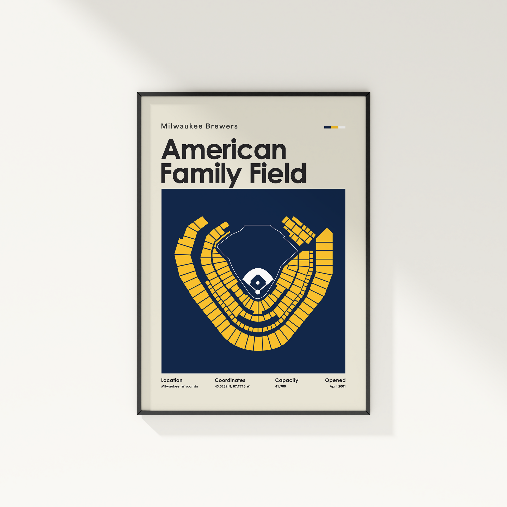 Framed poster of Milwaukee Brewers American Family Field design on a white wall.