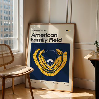 Poster of American Family Field in a room with a chair and table.