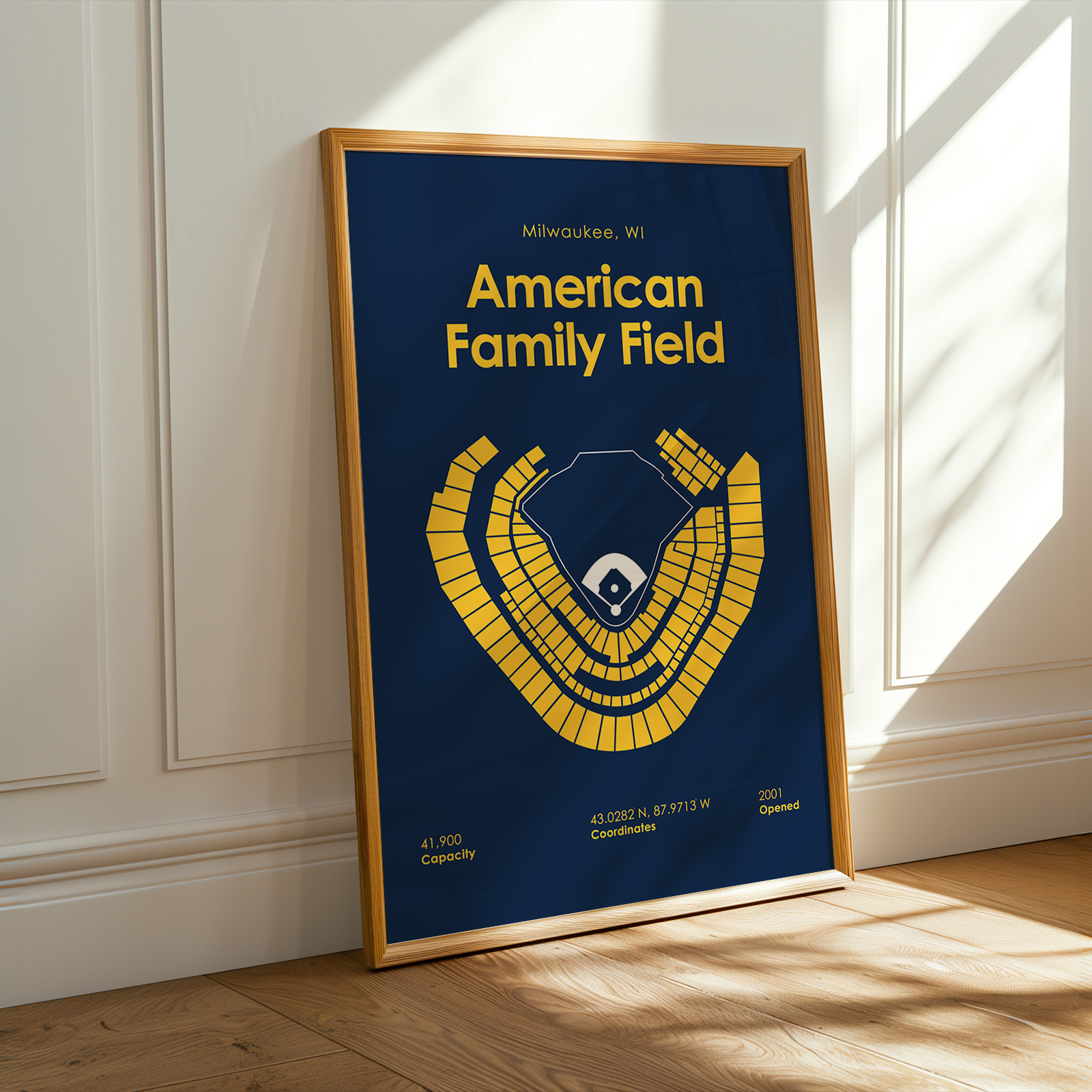 Framed poster with 'American Family Field' design on a wall.