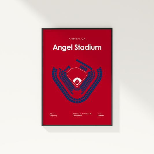 Framed poster of Angel Stadium with red background and black frame