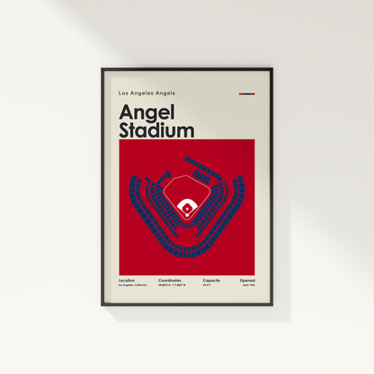 Framed poster of Angel Stadium with red and blue design on a white background