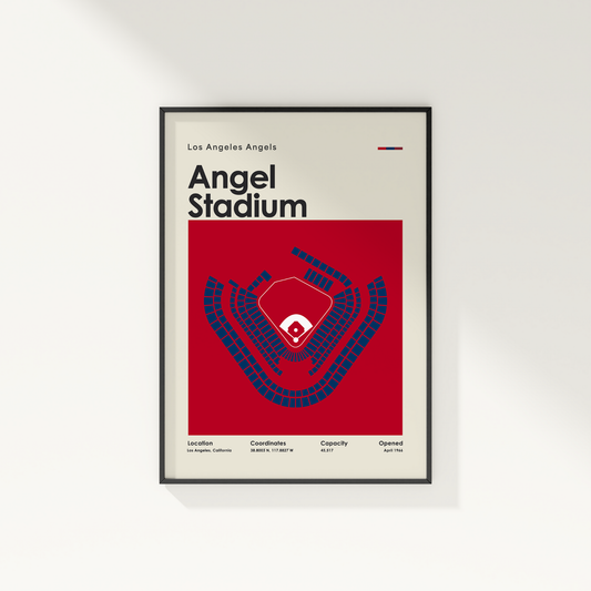 Framed poster of Angel Stadium with red and blue design on a white background