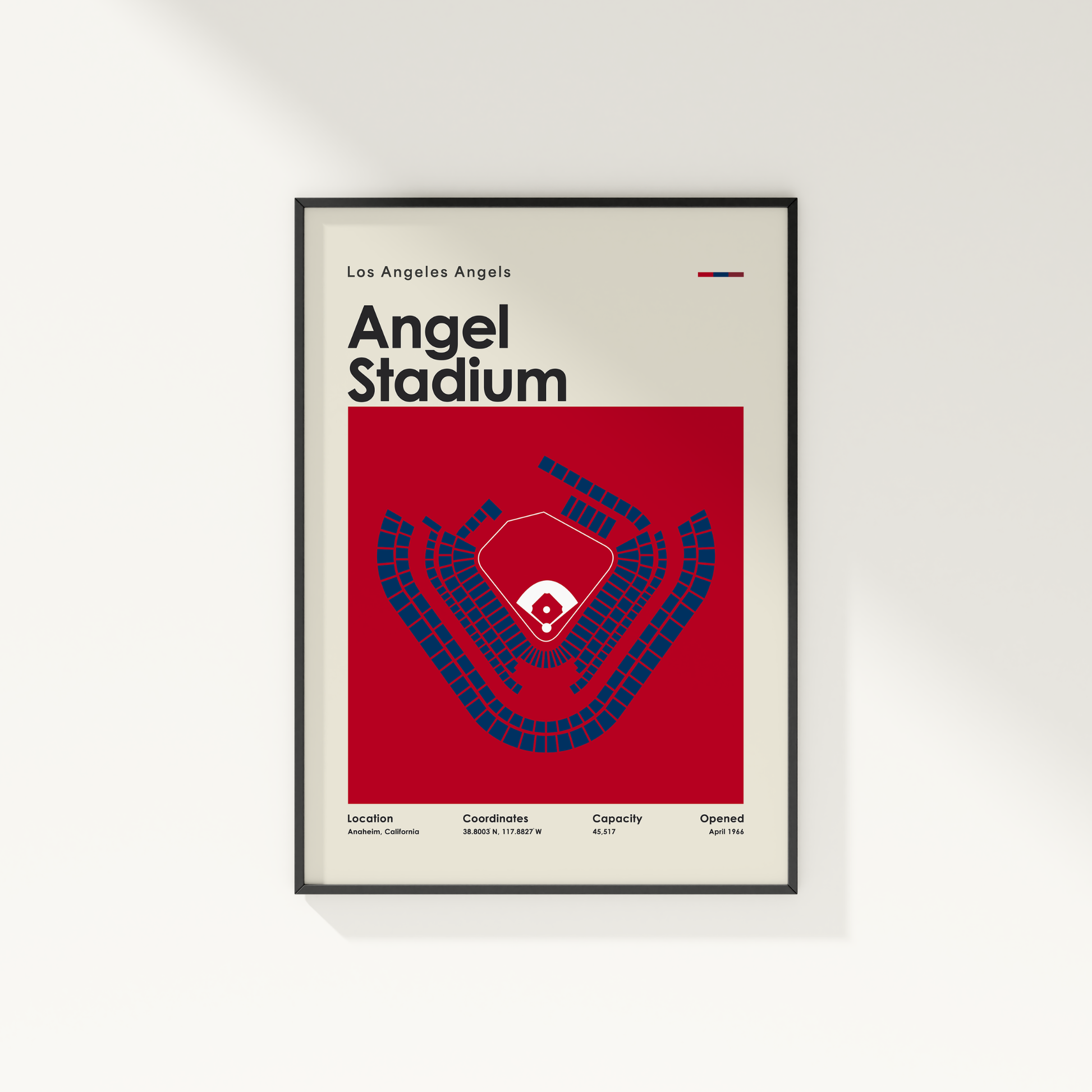 Framed poster of Angel Stadium with red and blue design on a white background