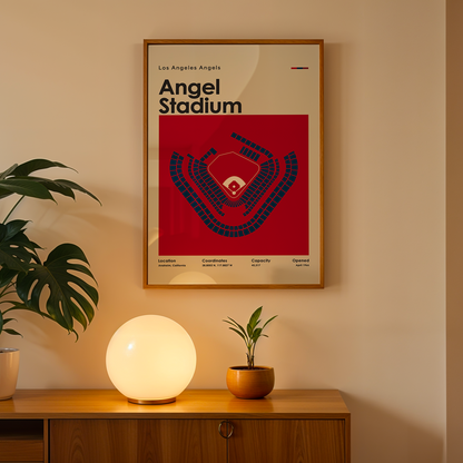 Framed poster of Angel Stadium on a wall above a wooden cabinet with decorative items.