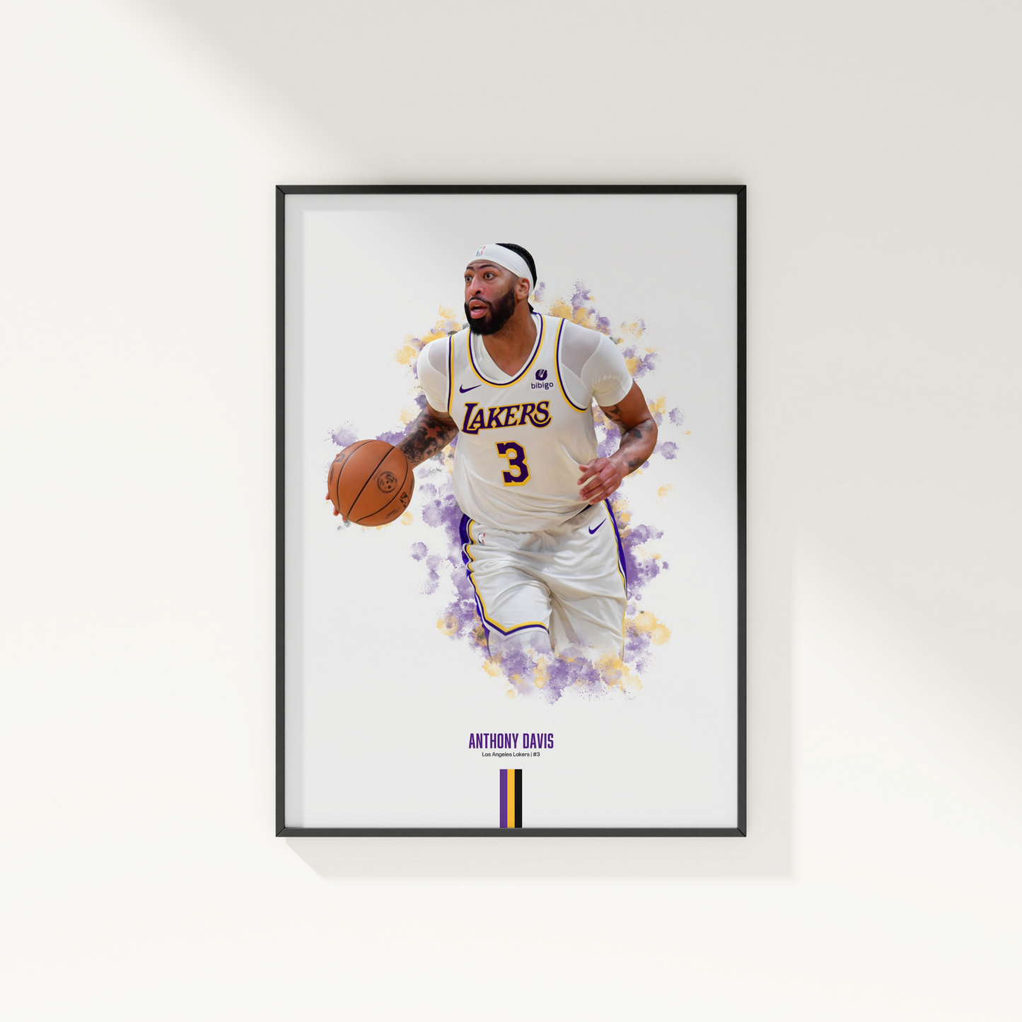 framed poster mockup of basketball player anthony davis hanging on a white wall