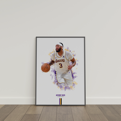 framed poster mockup of basketball player anthony davis leaning on a white wall