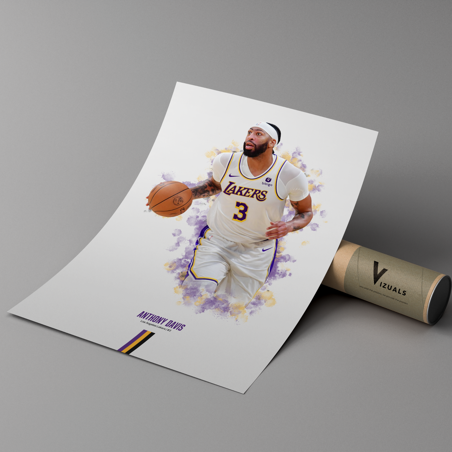 poster mockup of basketball player anthony davis leaning on a protective cardboard tube