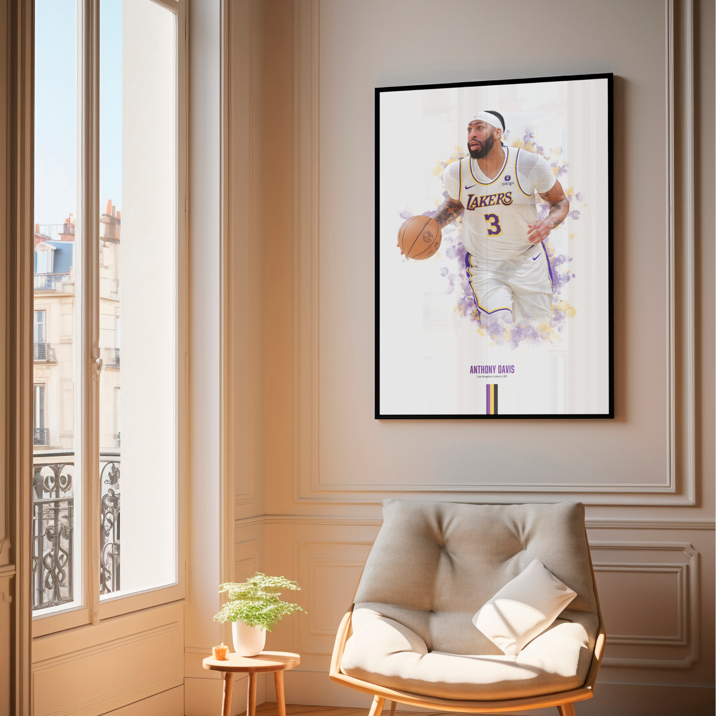 framed poster mockup of basketball player anthony davis hanging in a living room