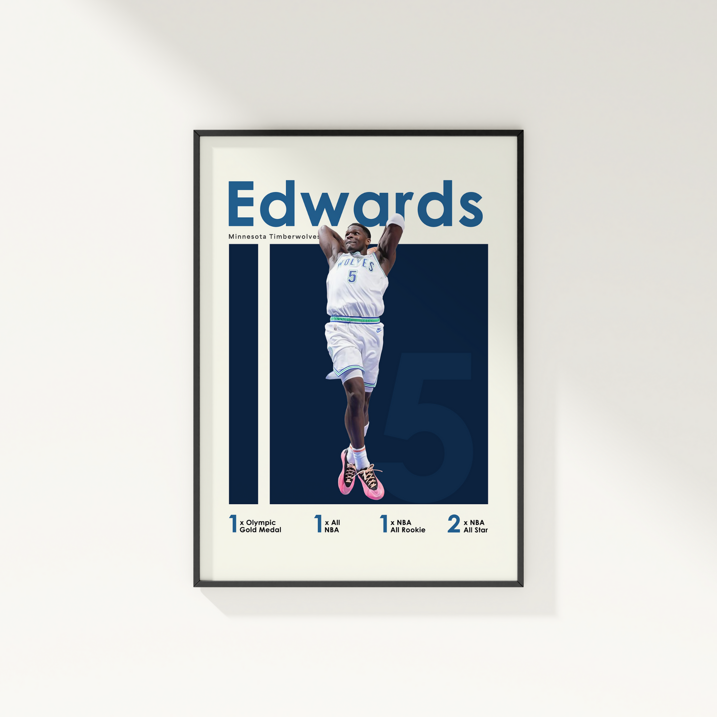 framed poster mockup of basketball player anthony edwards hanging on a white wall