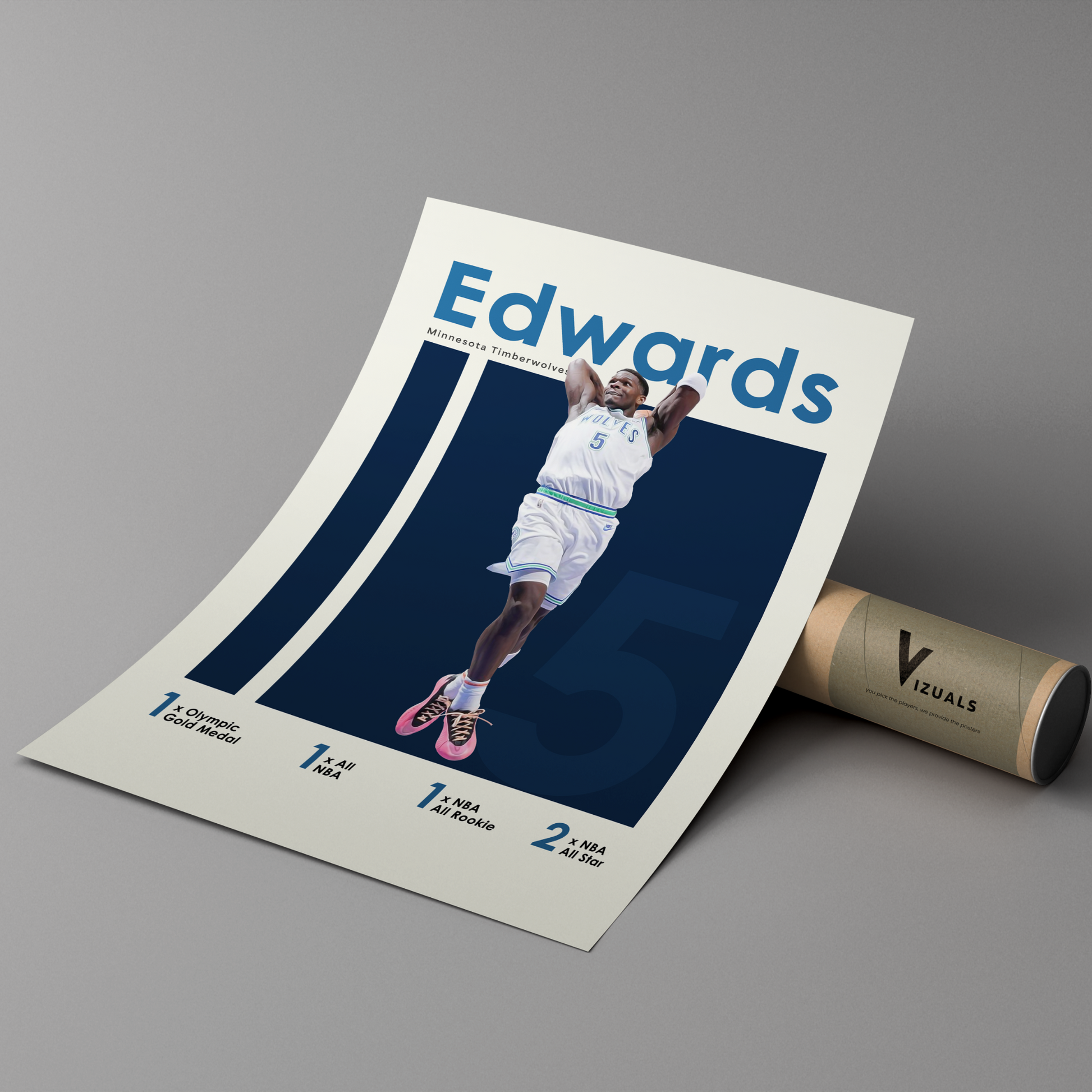 poster mockup of basketball player anthony edwards leaning on a protective cardboard tube