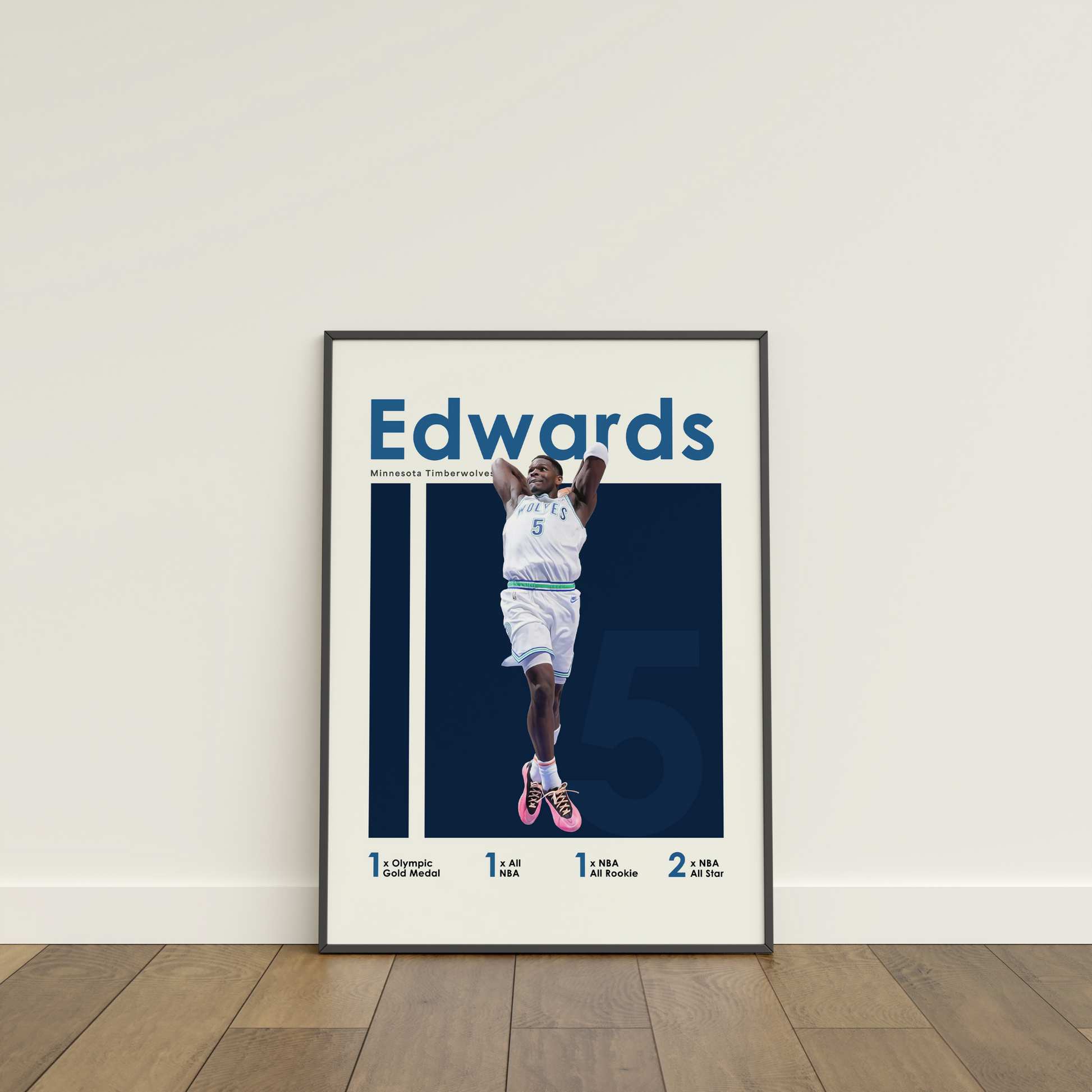 framed poster mockup of basketball player anthony edwards leaning on a white wall