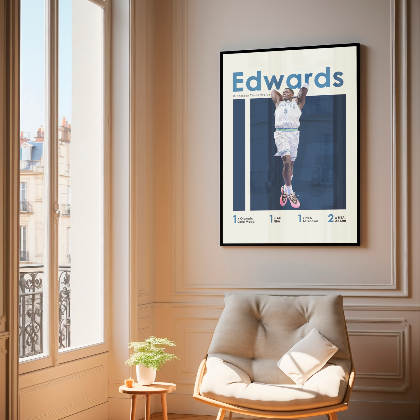 framed poster mockup of basketball player anthony edwards hanging in a living room