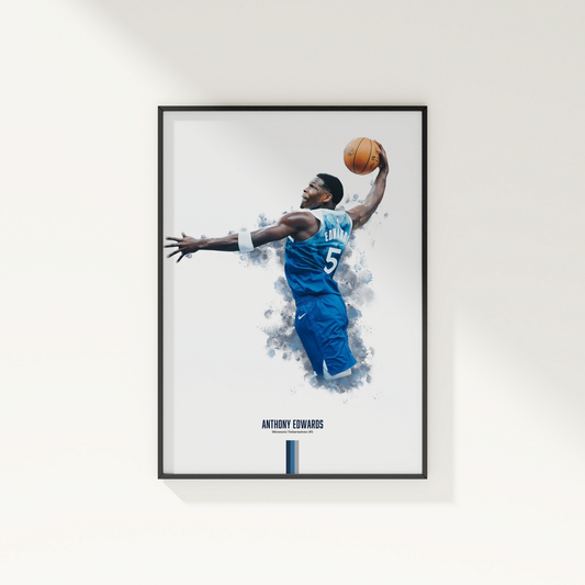 framed poster mockup of basketball player anthony edwards hanging on a white wall