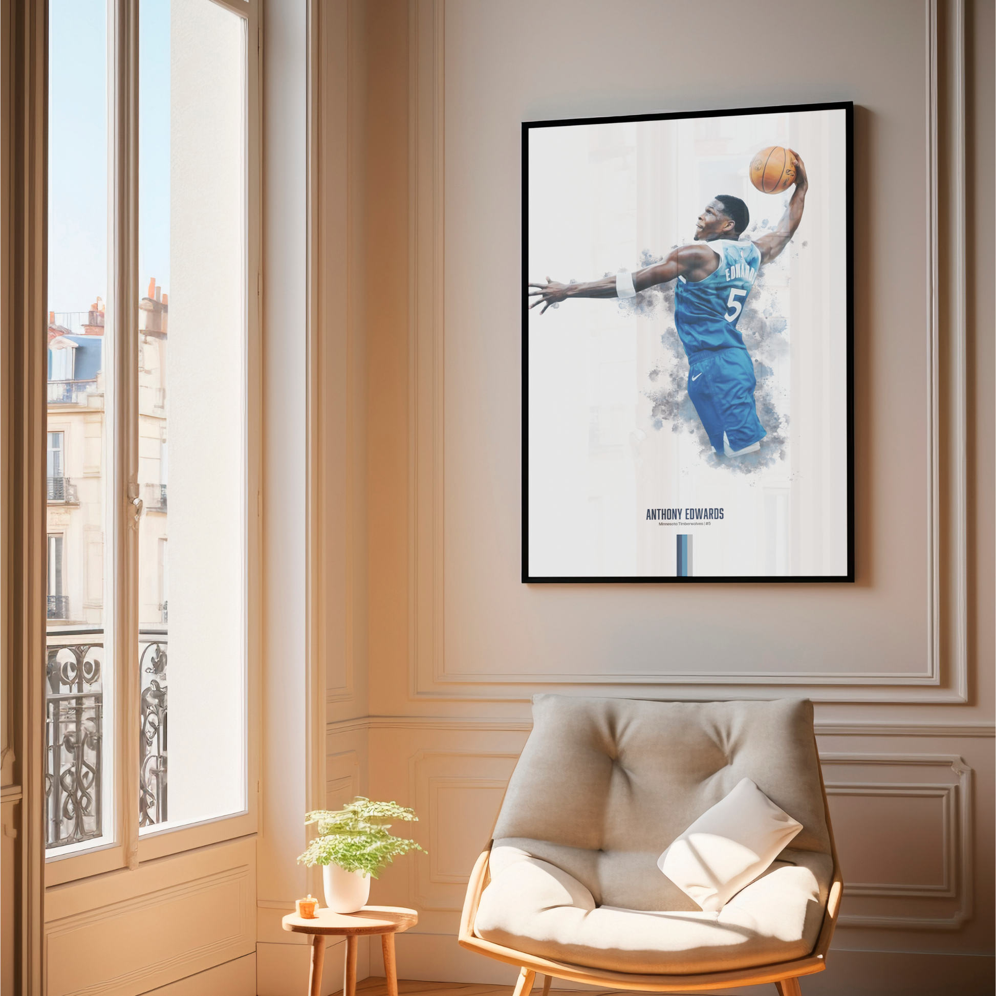 framed poster mockup of basketball player anthony edwards hanging in a living room