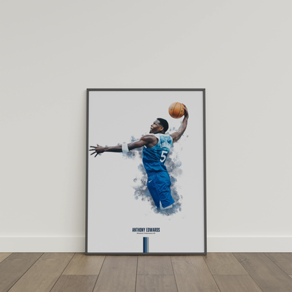 framed poster mockup of basketball player anthony edwards leaning on a white wall