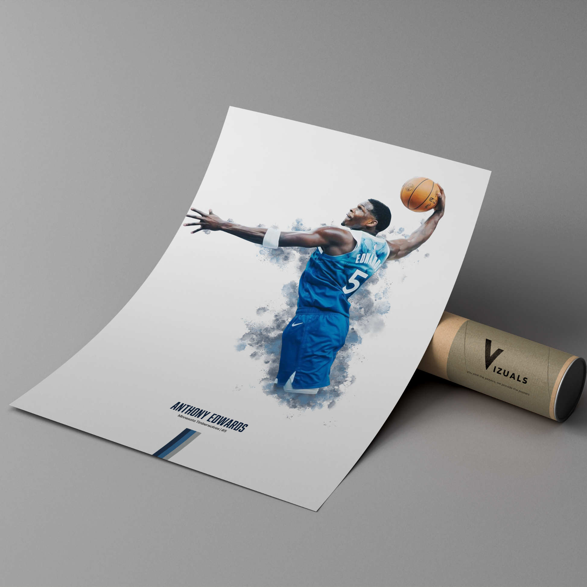 poster mockup of basketball player anthony edwards leaning against a protective cardboard tube