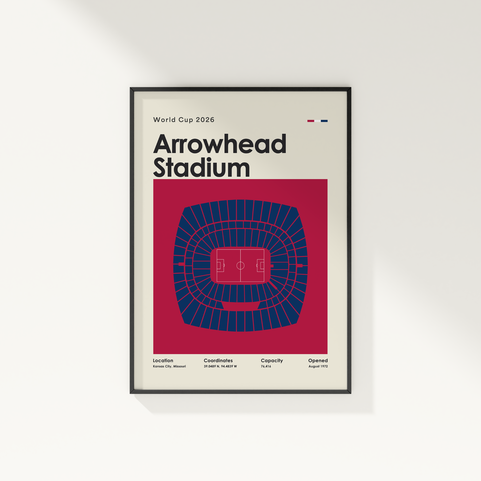 Framed poster of Arrowhead Stadium layout with World Cup 2026 text on a white background