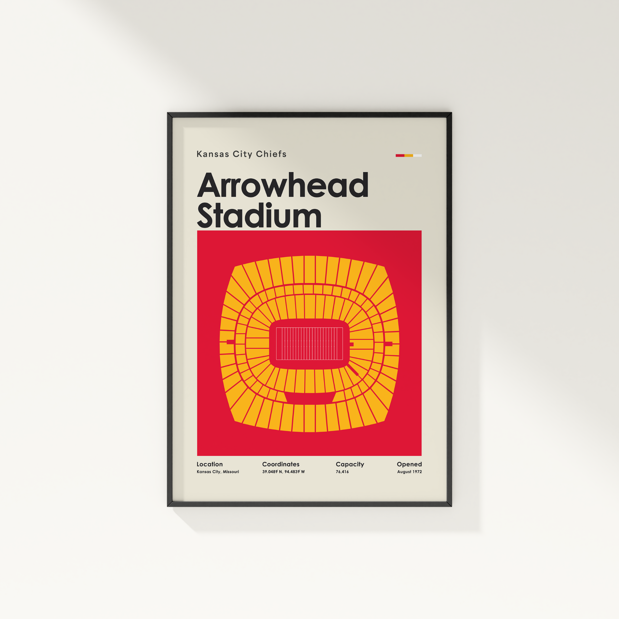 Framed poster of Arrowhead Stadium with Chiefs logo on a white wall