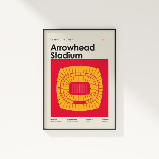 Framed poster of Arrowhead Stadium with Chiefs logo on a white wall