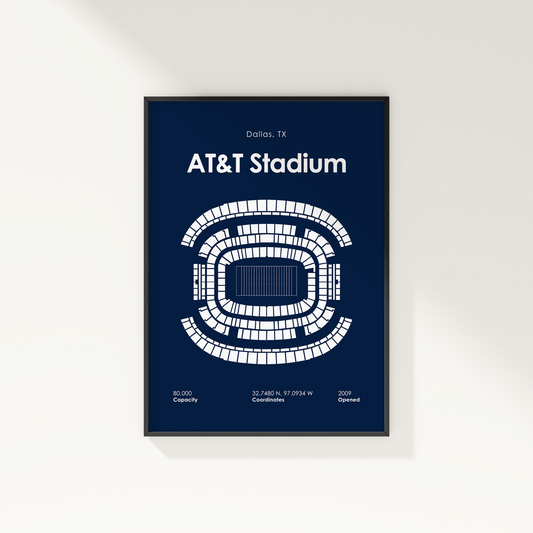 Framed seating chart of AT&T Stadium on a blue background