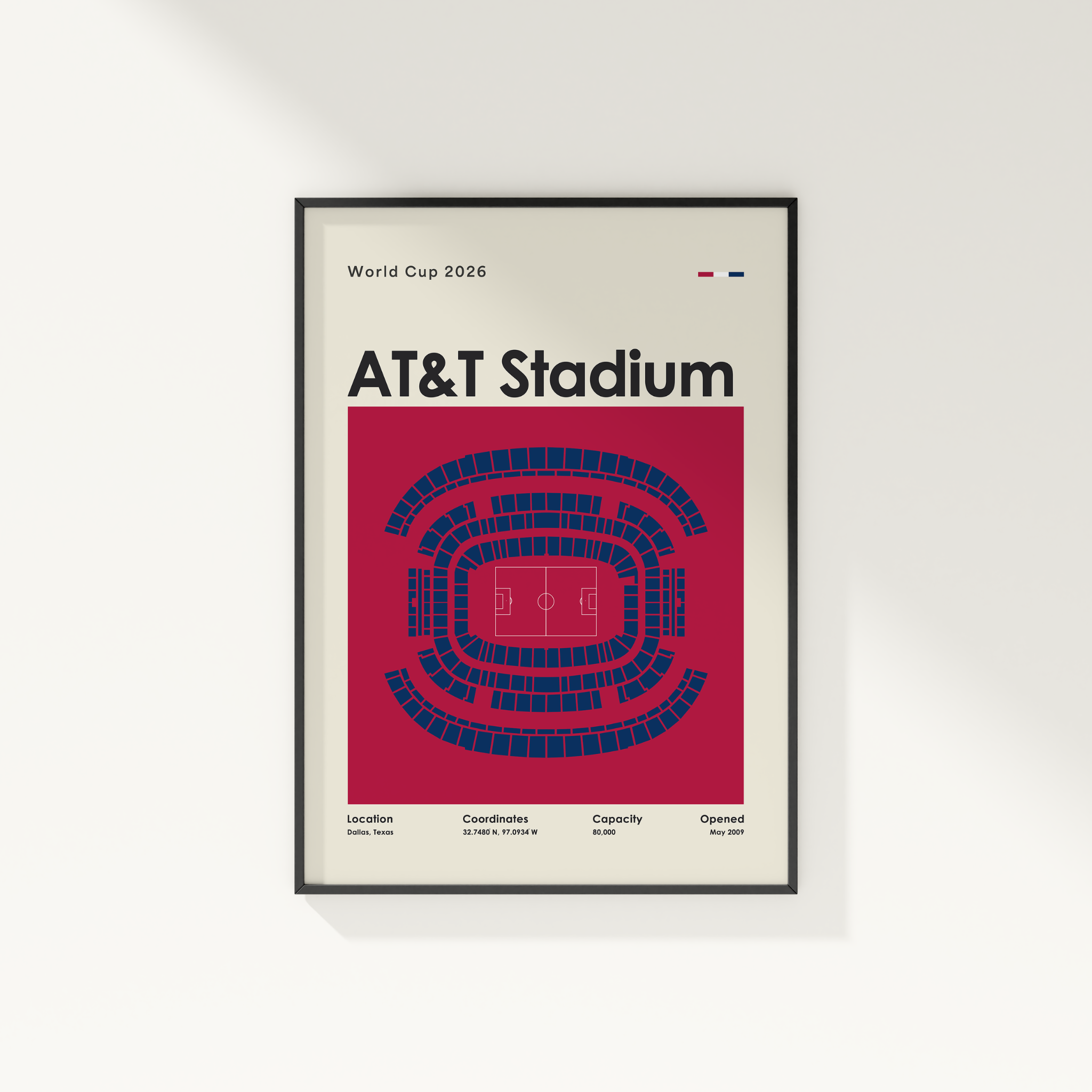 Framed poster of AT&T Stadium layout for World Cup 2026 on a white wall.
