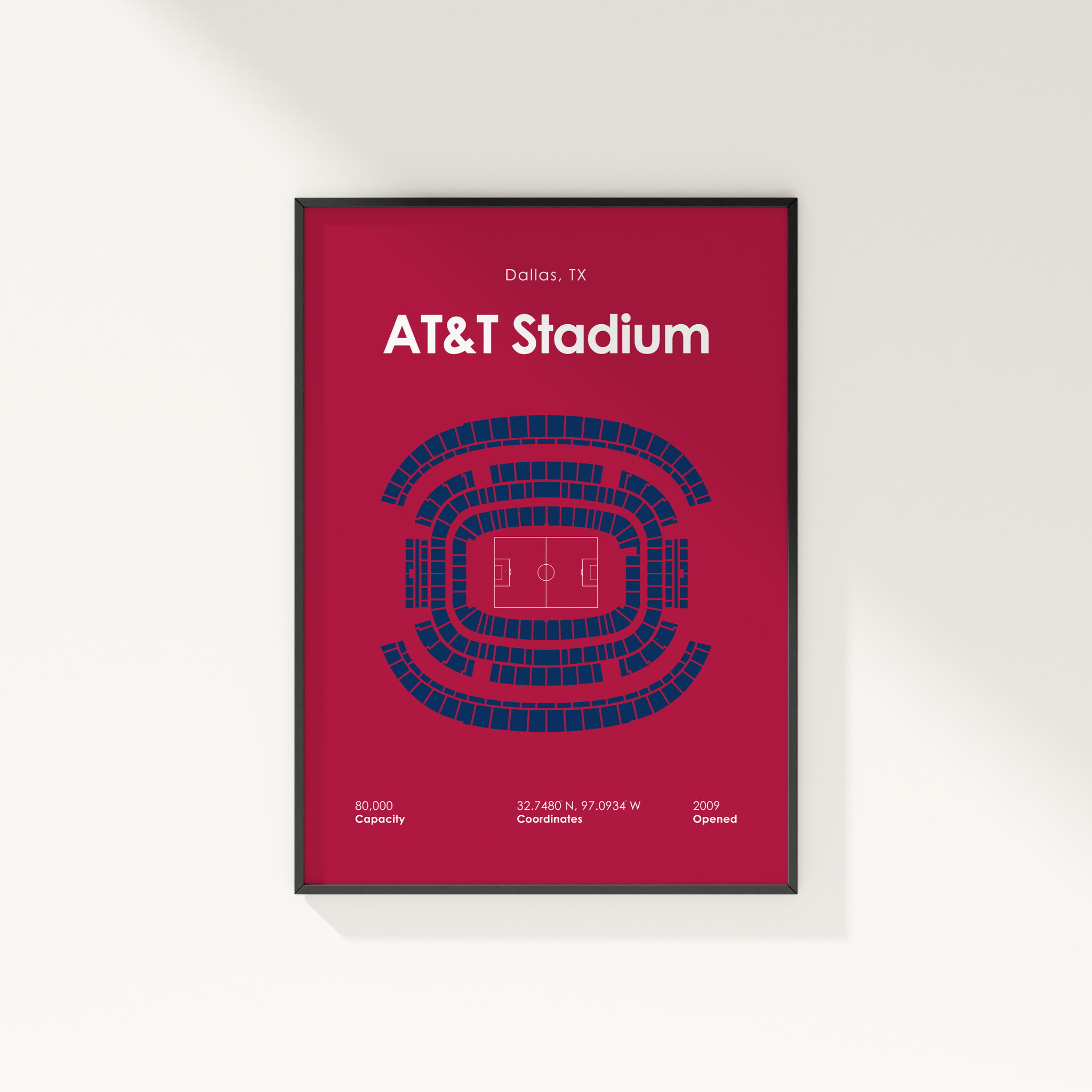 Framed poster of AT&T Stadium layout on a red background