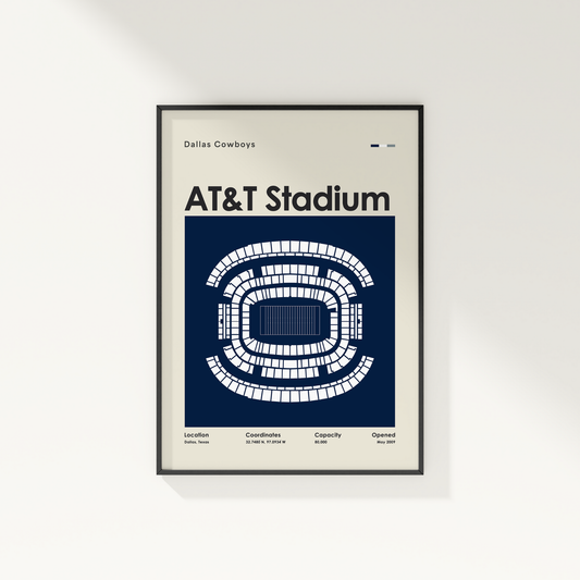 Framed poster of AT&T Stadium layout with Dallas Cowboys branding on a white wall.