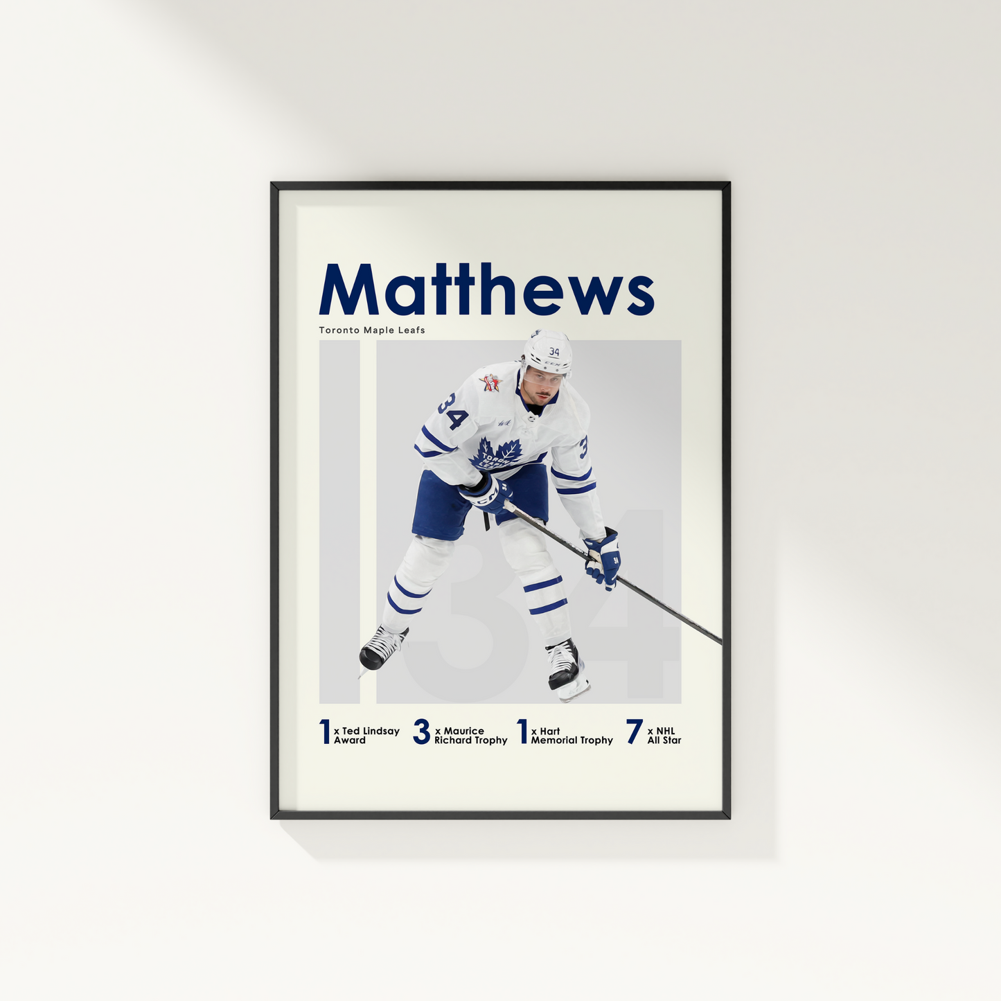 framed poster mockup of hockey player auston matthews hanging on a white wall