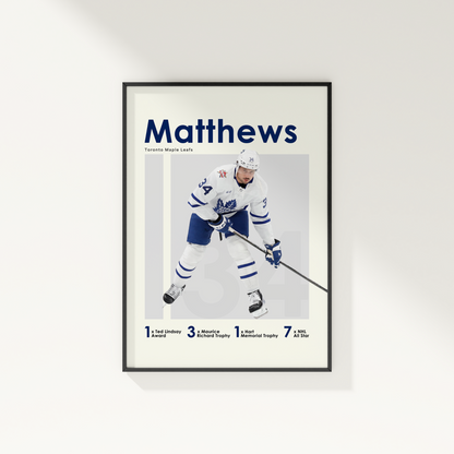 framed poster mockup of hockey player auston matthews hanging on a white wall