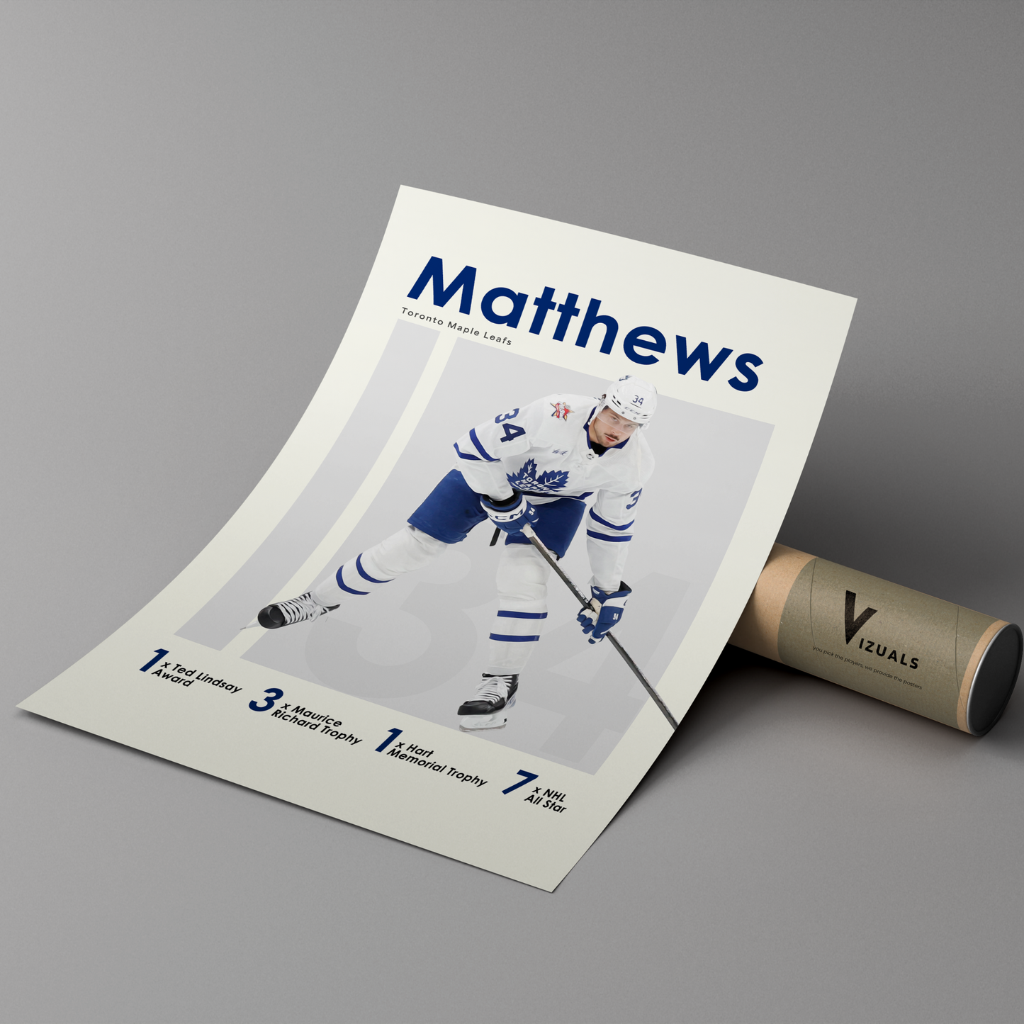 poster mockup of hockey player auston matthews leaning on a branded cardboard tube