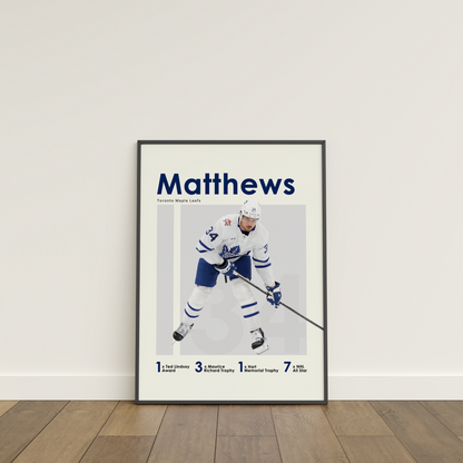 framed poster mockup of hockey player auston matthews leaning on a white wall